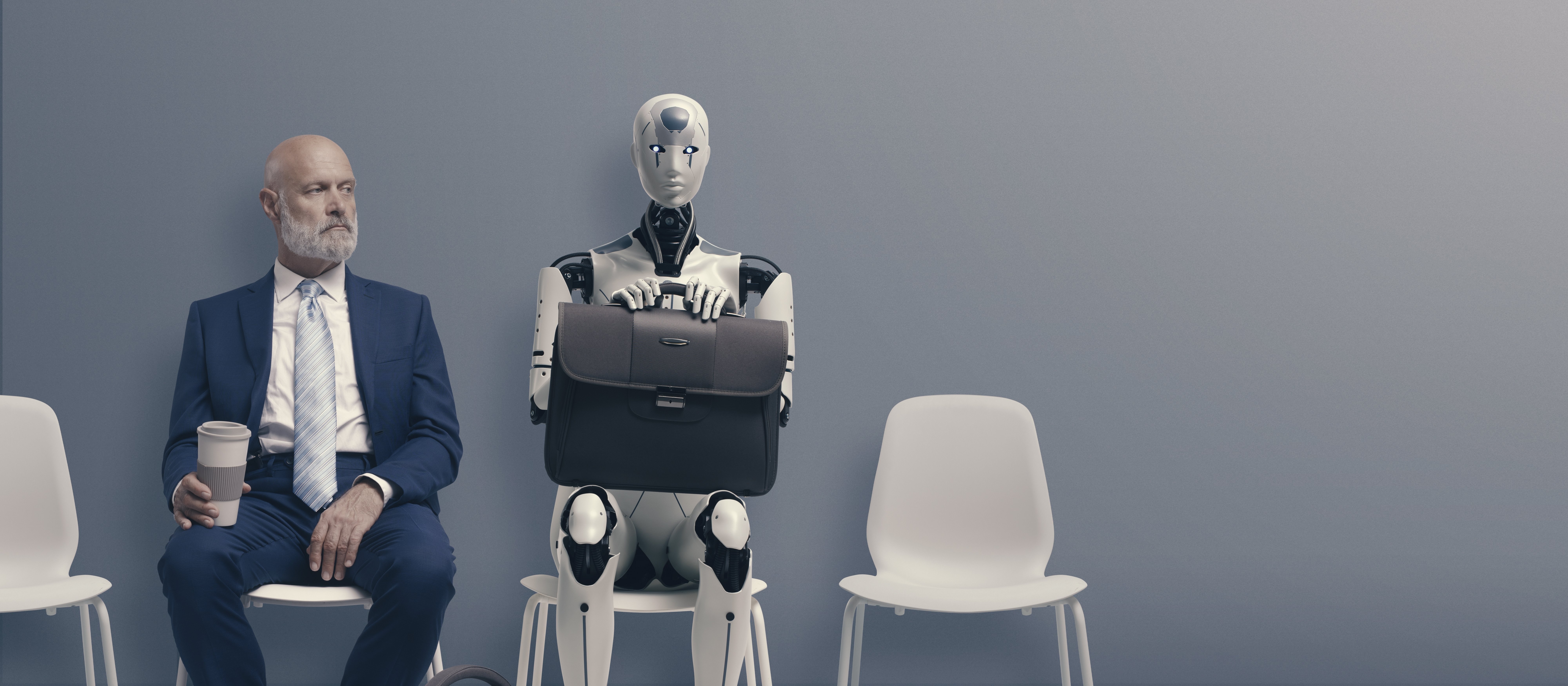 Man and AI Robot waiting job interview